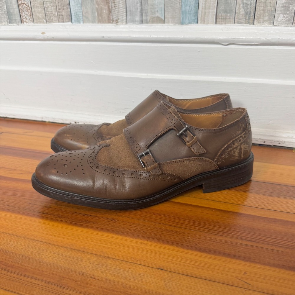 Massimo Dutti Brown Leather Suede Double Monk Strap Wingtip Brogue Shoes 10 10.5